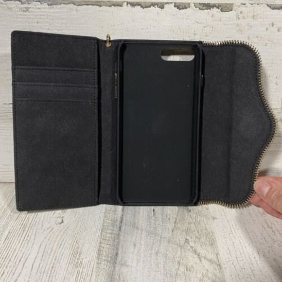 Rebecca Minkoff Cell Phone Wallet Black Pebbled Leather Wristlet Clutch Gold Zip - Picture 3 of 4